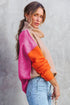 Drop-Shoulder Colorblock Turtleneck Knit Sweater Side-Slit Hem